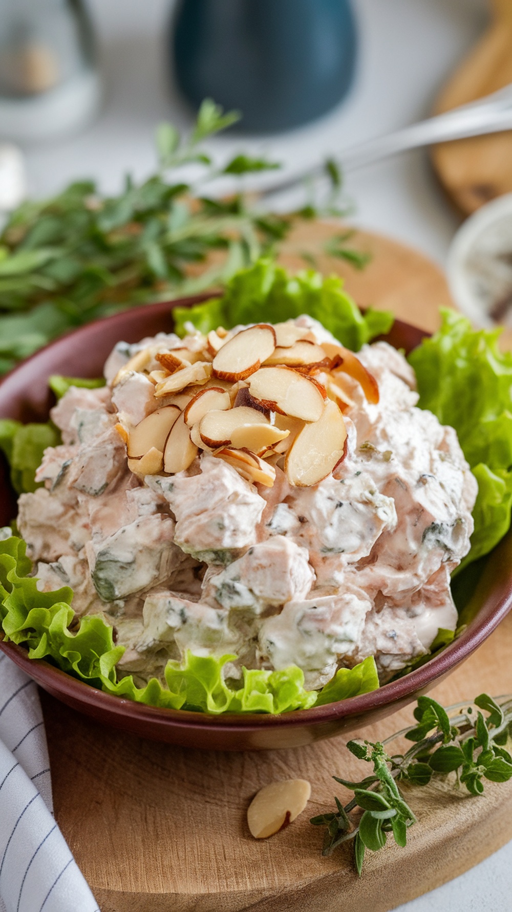 A bowl of Greek yogurt chicken salad topped with sliced almonds, served on a bed of lettuce.