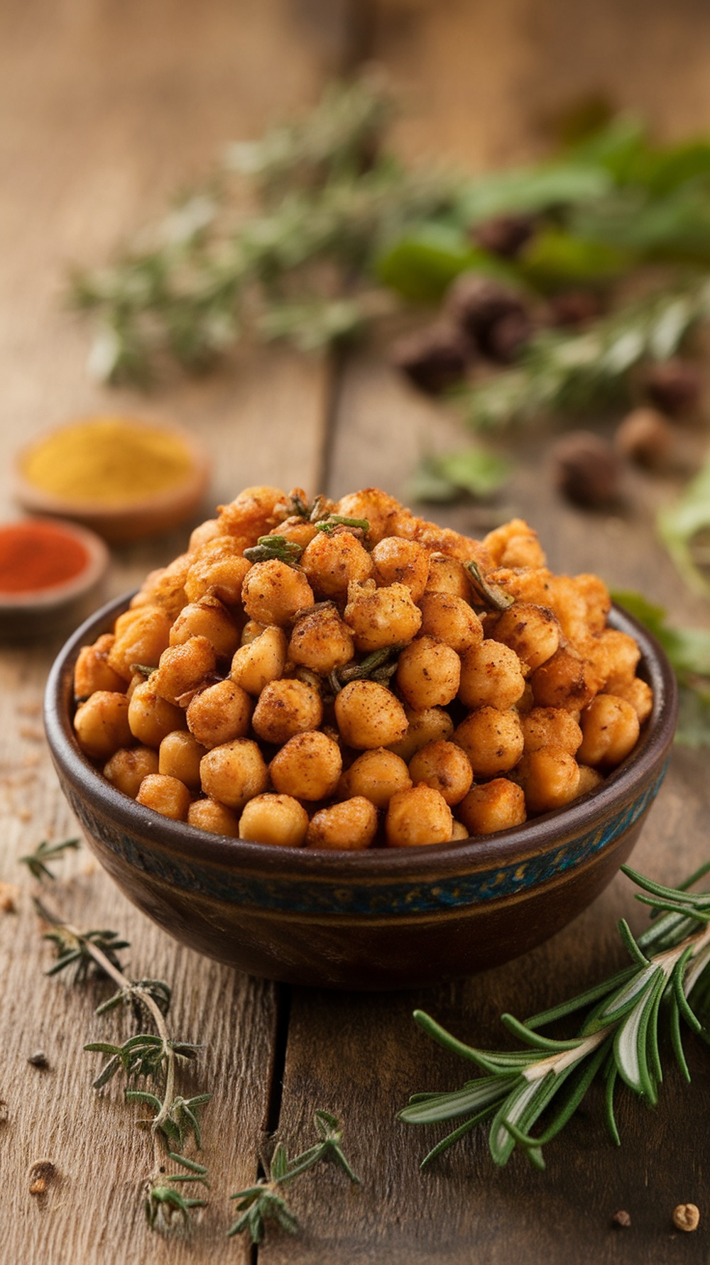 A bowl of roasted chickpeas seasoned with spices, surrounded by herbs and spices on a wooden table.