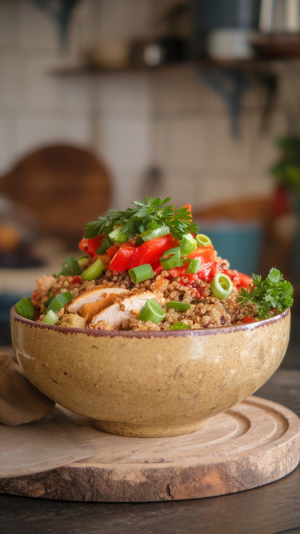 A bowl filled with quinoa, sliced chicken, diced red bell peppers, and green onions, garnished with fresh herbs.
