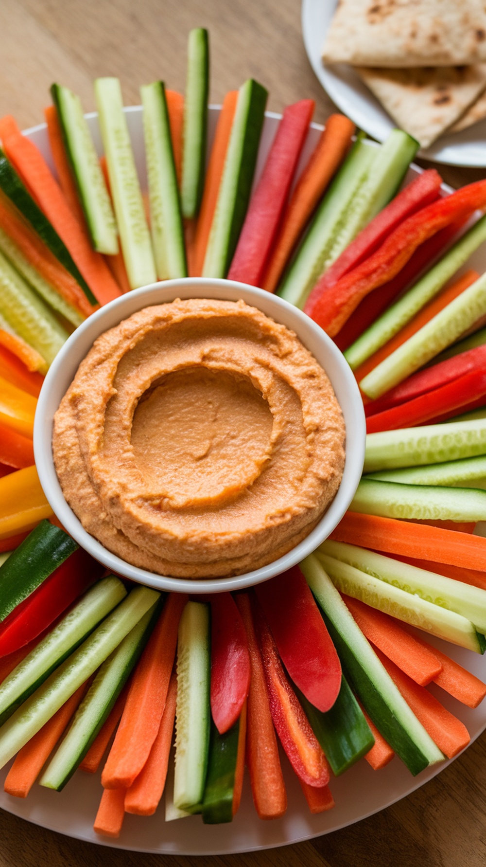 Colorful veggie sticks arranged around a bowl of hummus