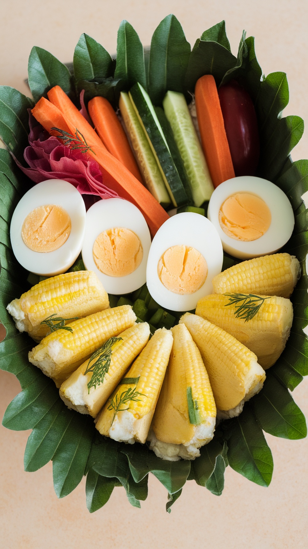 A colorful bento box featuring hard-boiled eggs, fresh vegetables, and corn.