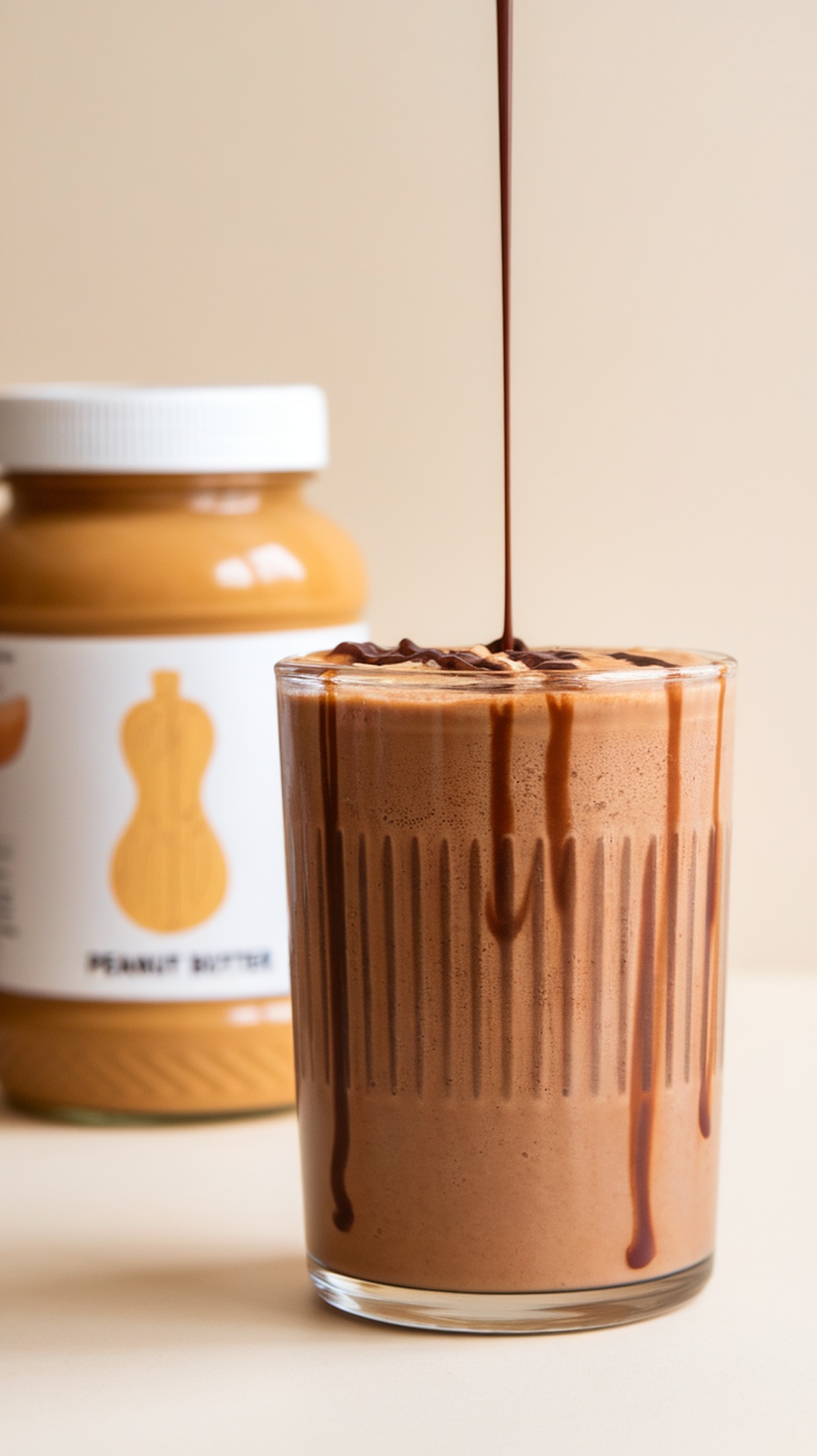 A glass of chocolate peanut butter protein drink with peanut butter jar in the background.