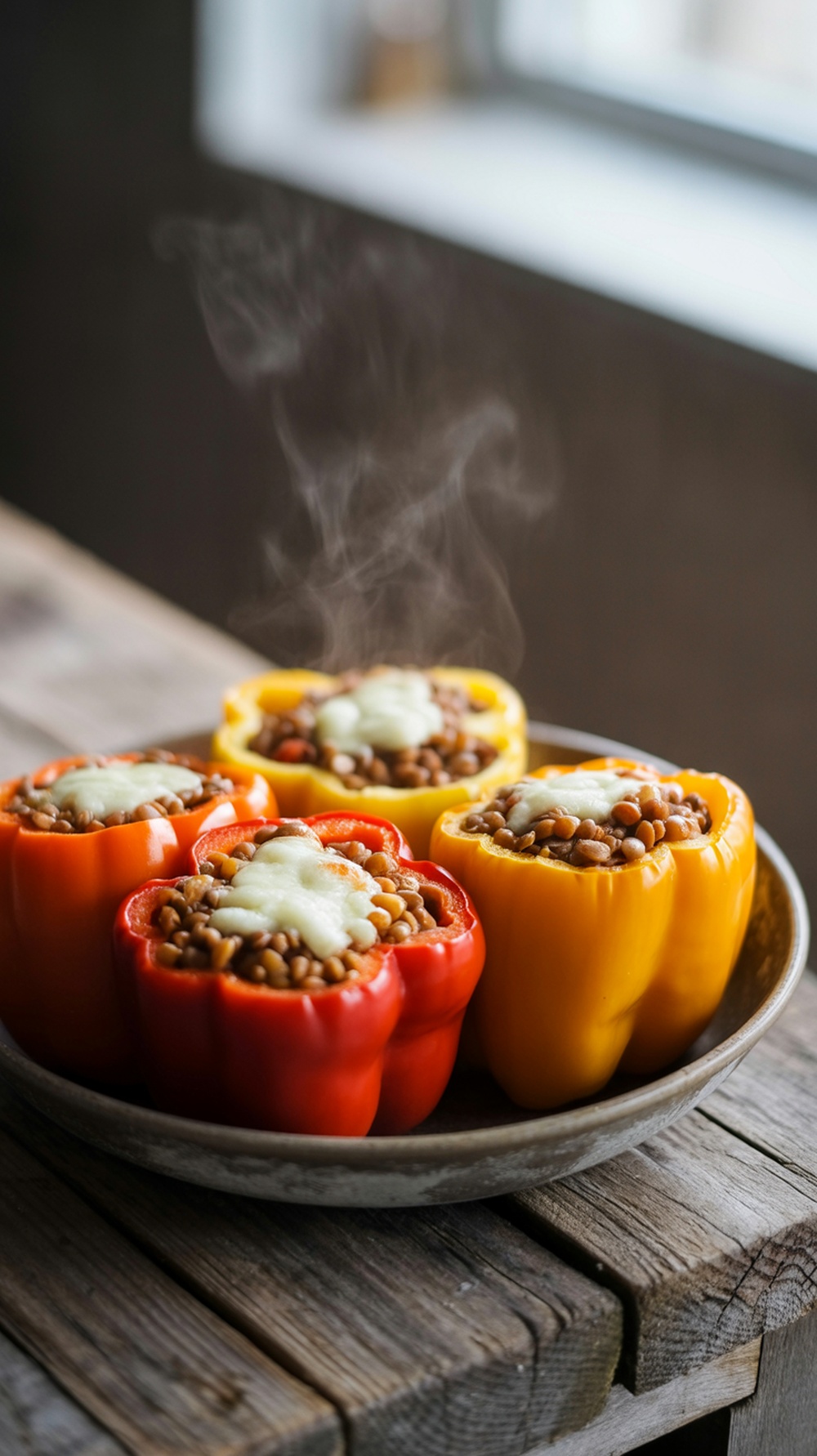 Colorful stuffed peppers filled with lentils and cheese, steaming on a plate.