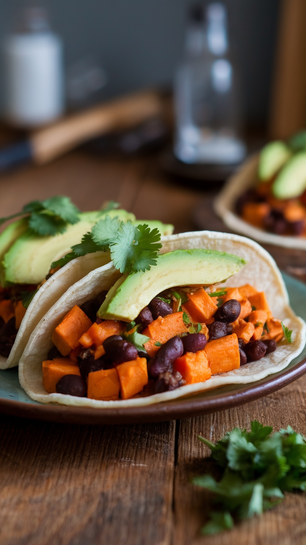 Sweet potato and black bean tacos with avocado and cilantro