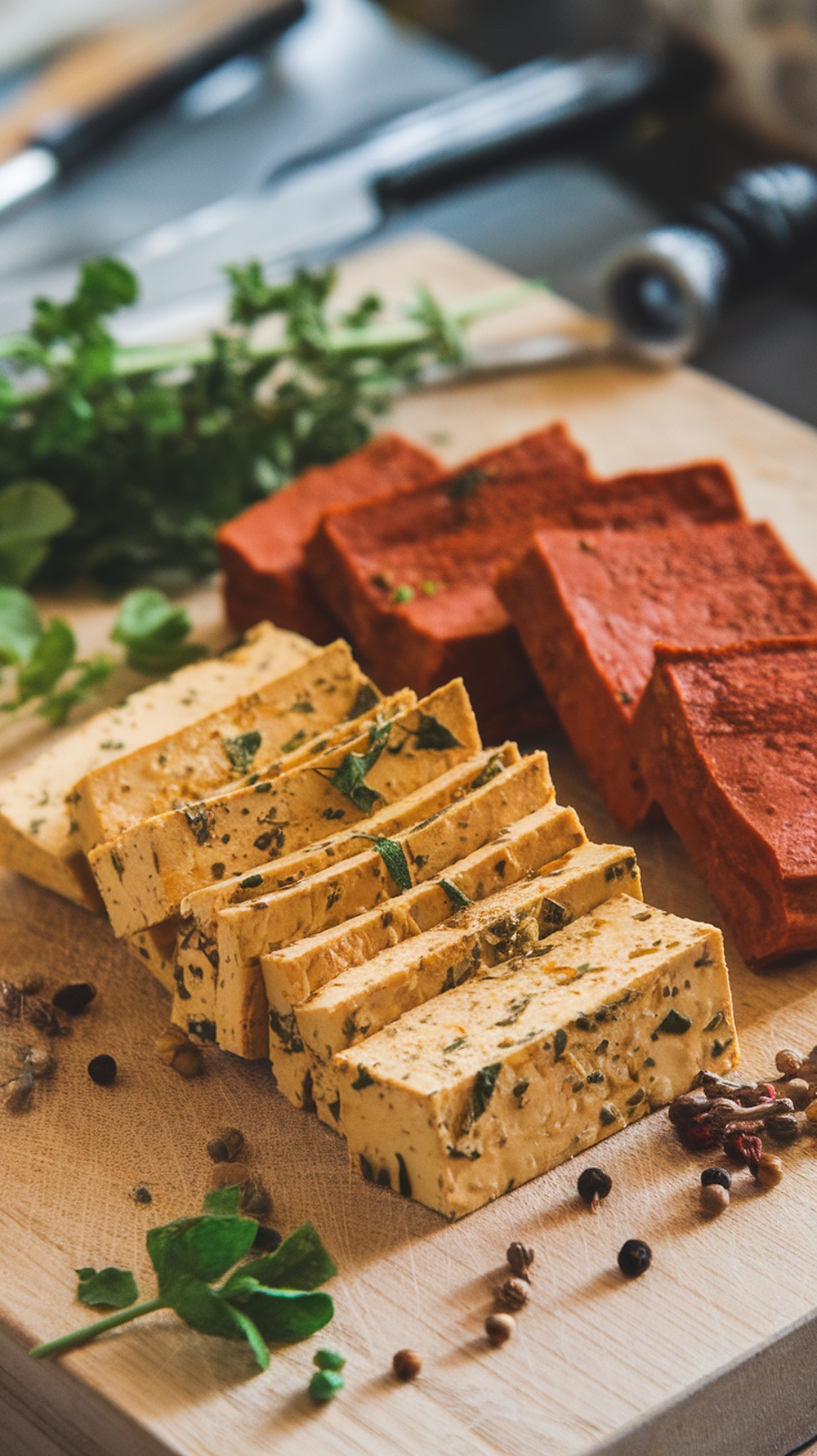 Sliced tofu and tempeh on a wooden cutting board with herbs and spices