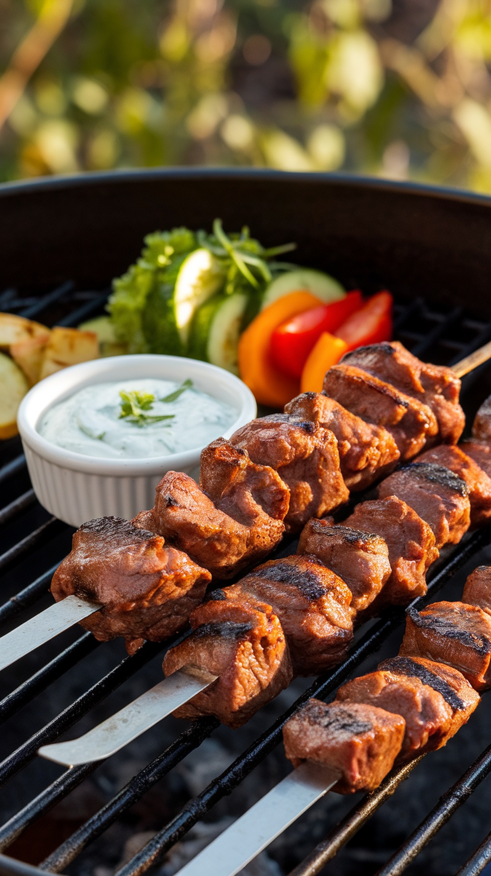 Grilled beef skewers with vegetables and tzatziki sauce