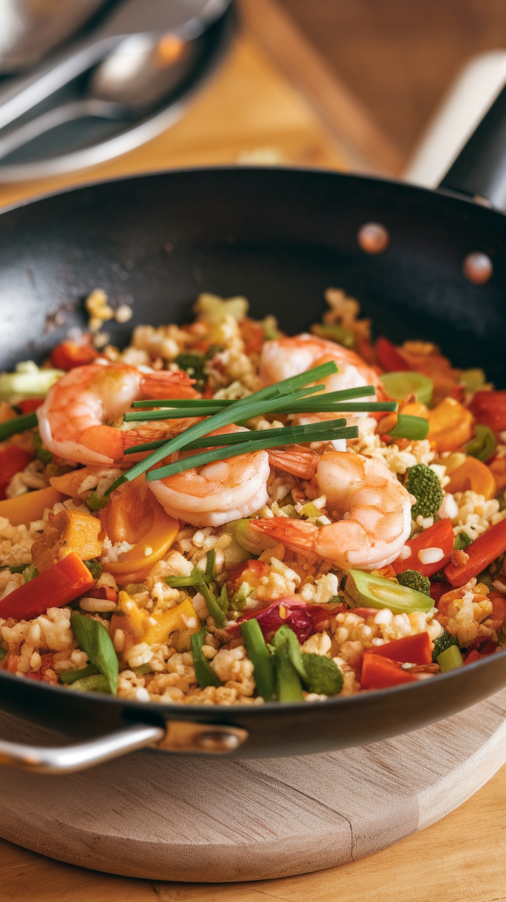 A colorful cauliflower rice stir-fry with shrimp and vegetables in a skillet.