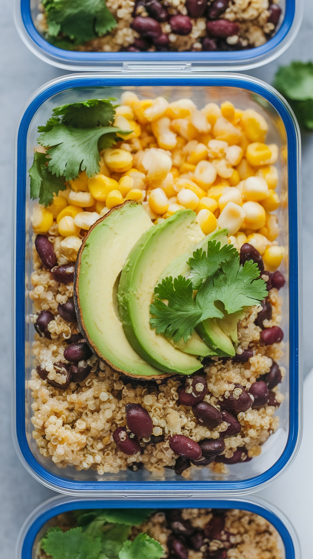 A colorful quinoa and black bean power bowl with avocado and corn, perfect for a healthy lunch.