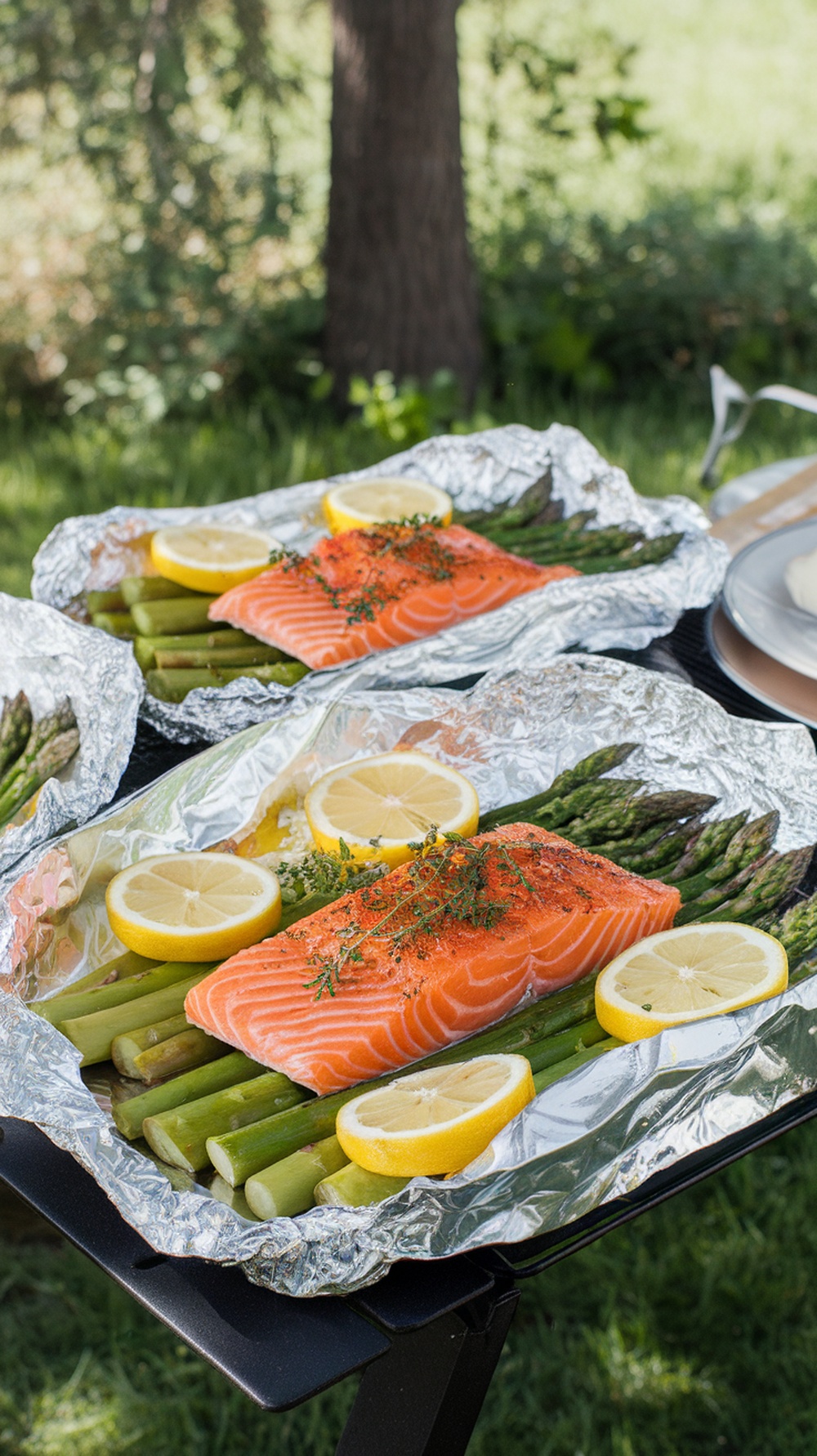 Salmon and asparagus foil packs with lemon slices on a grill