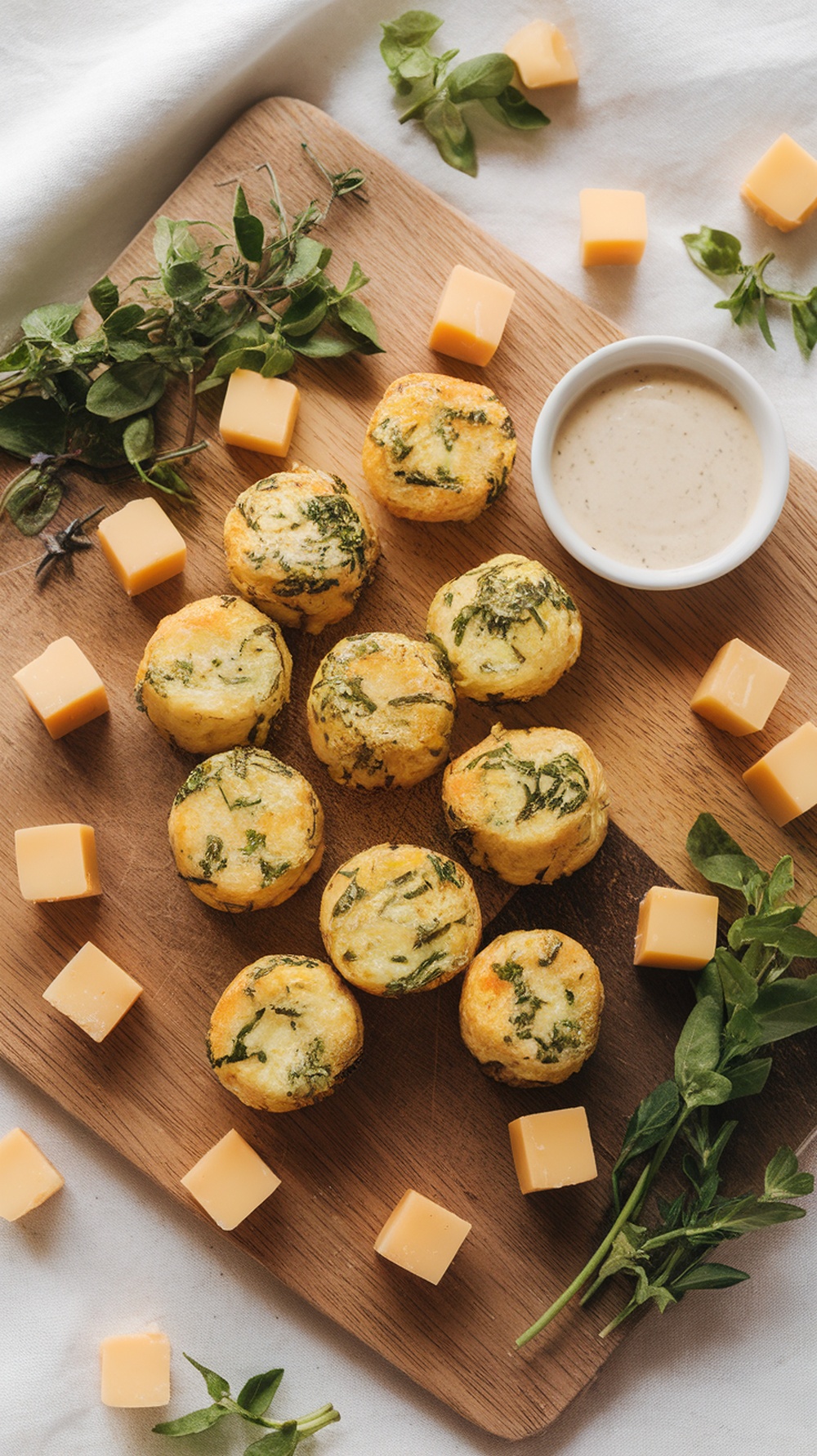 Savory herb and cheese bites on a wooden board with cheese cubes and herbs.
