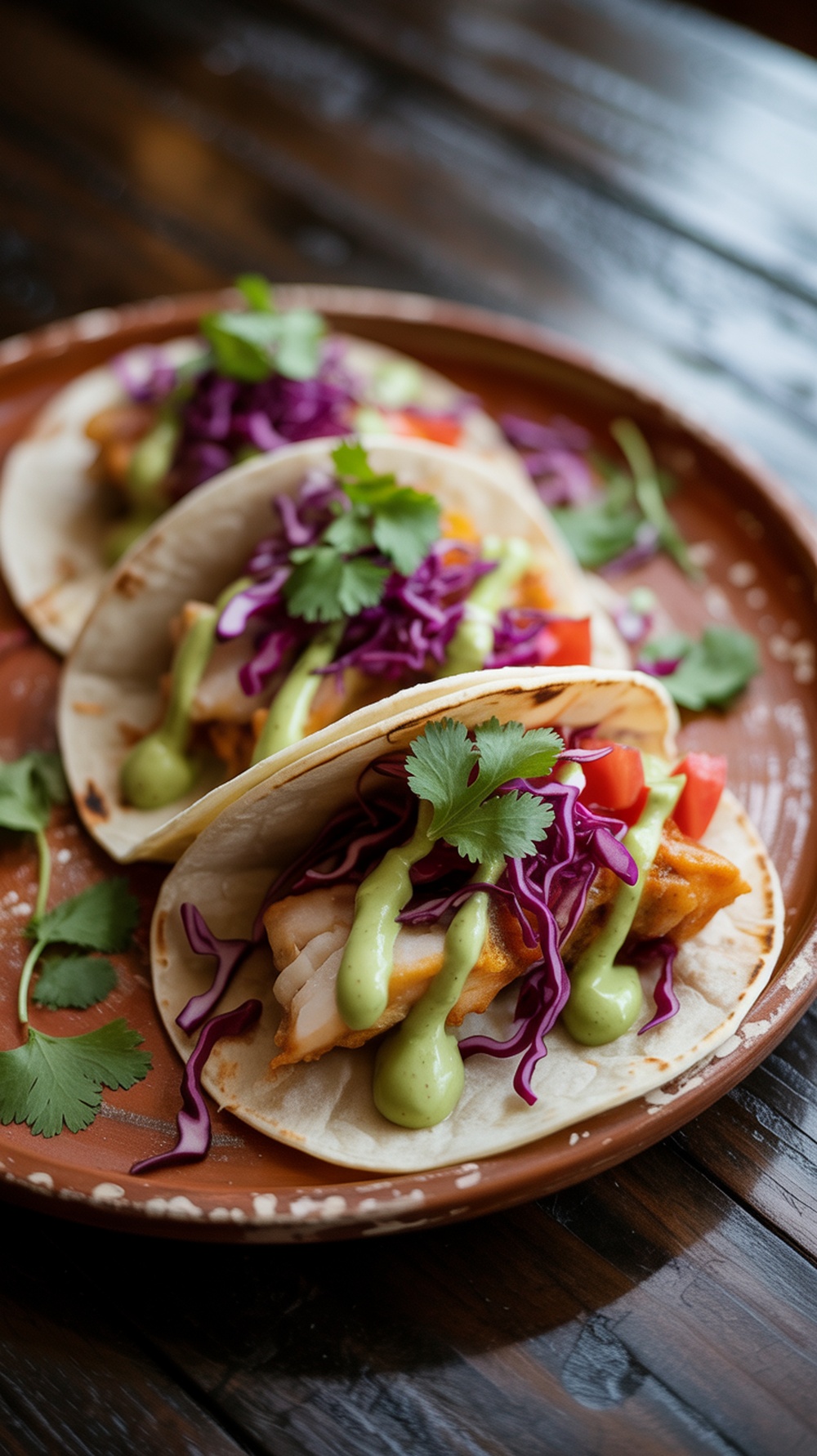 Delicious fish tacos topped with creamy avocado sauce, red cabbage, and cilantro on a wooden table.