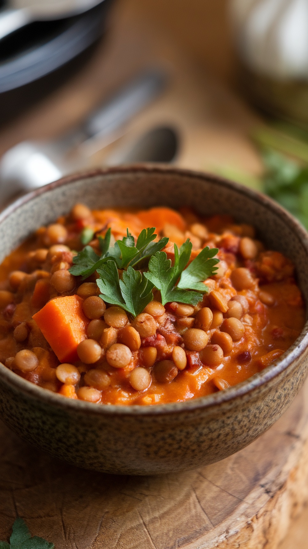 A bowl of lentil and sweet potato stew topped with parsley.