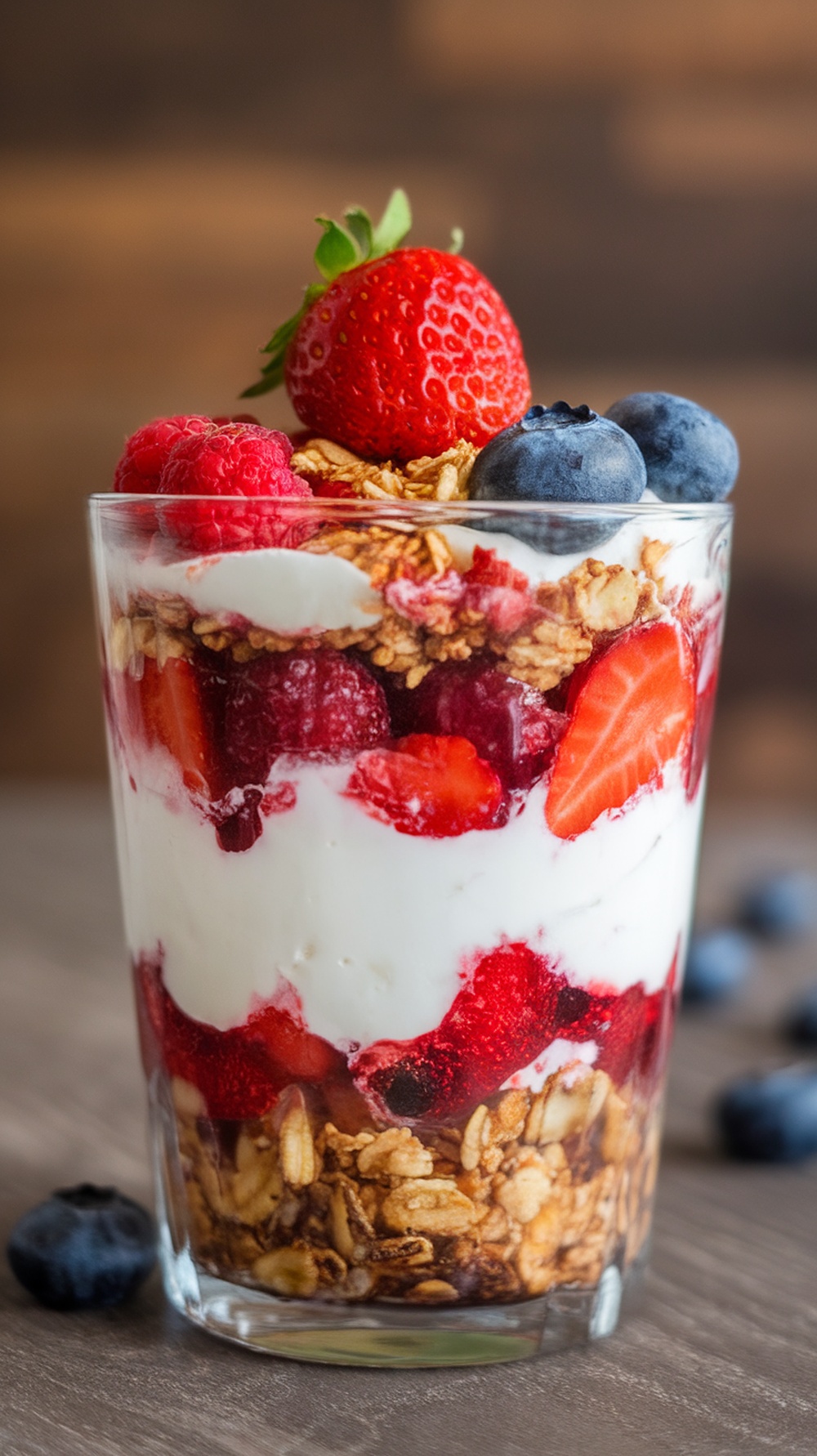A delicious Greek yogurt parfait layered with berries and granola