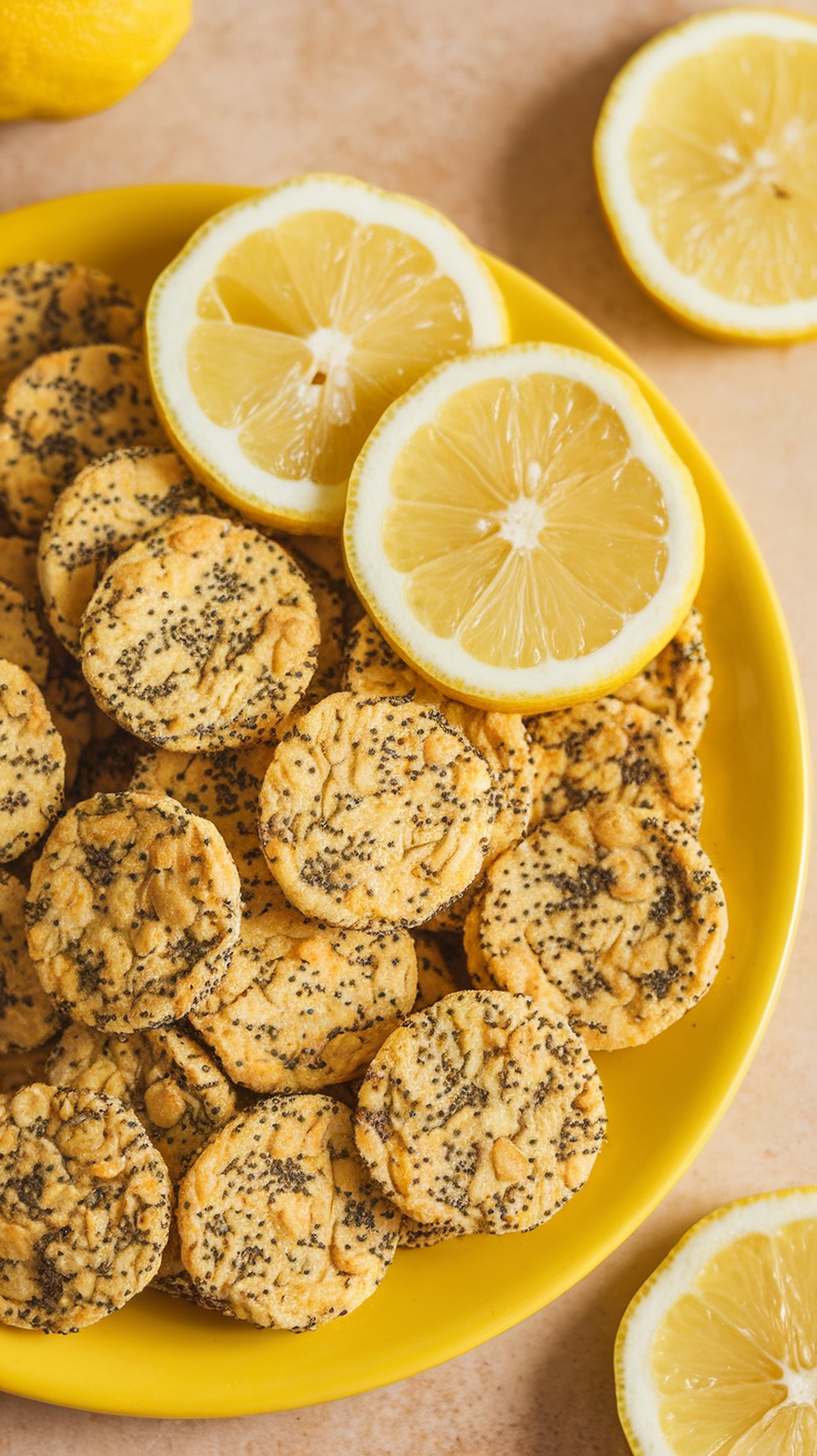 A plate of lemon poppy seed protein snacks with fresh lemon slices
