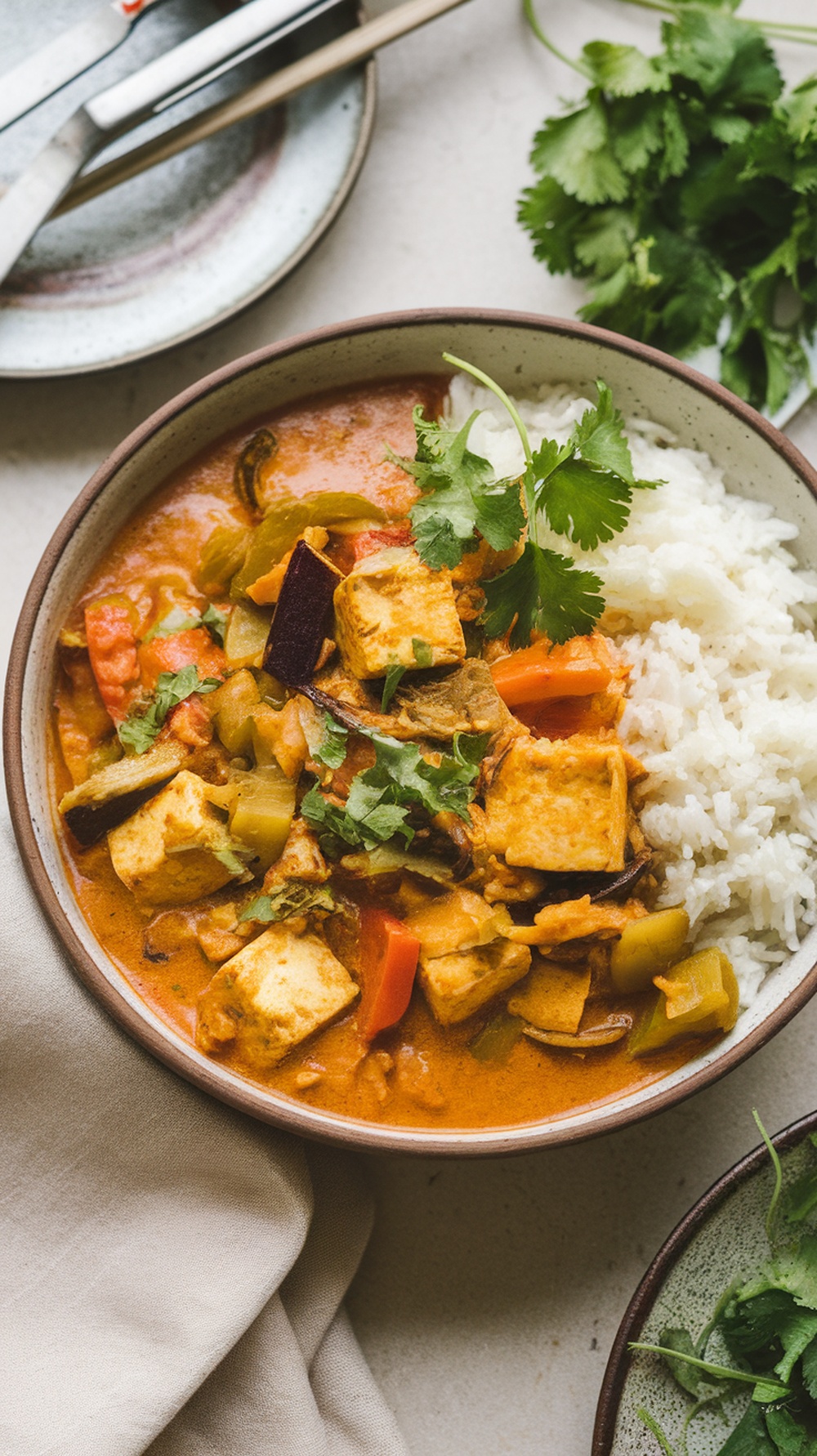 A bowl of tofu and vegetable curry served with rice, garnished with cilantro.