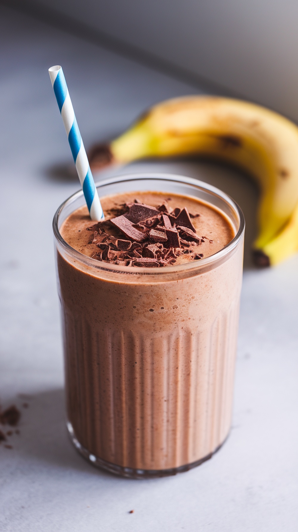 A delicious chocolate protein smoothie topped with chocolate shavings and a banana in the background.