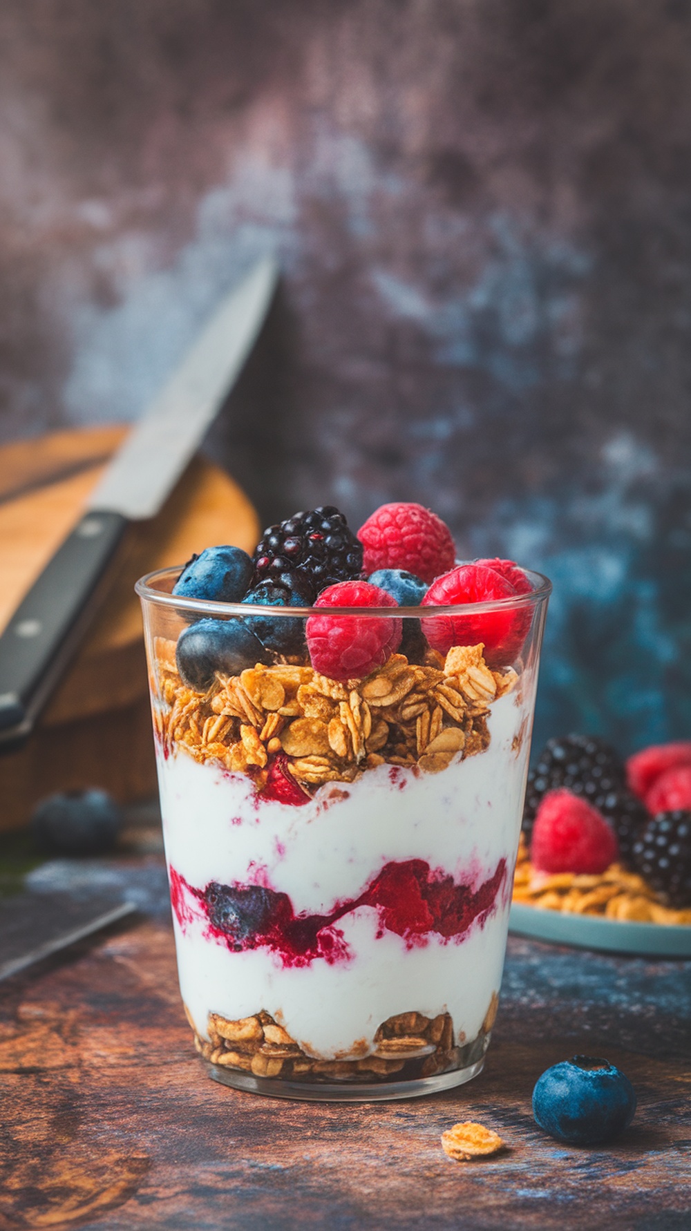 A delicious Greek yogurt parfait with layers of yogurt, berries, and granola.