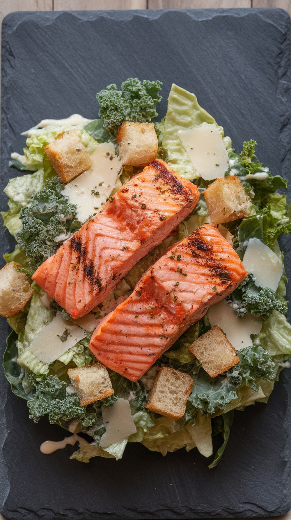 A delicious salmon and kale Caesar salad topped with croutons and parmesan.