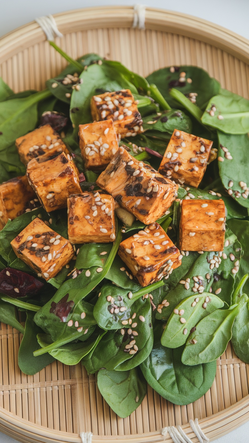 A vibrant salad featuring cubes of marinated tofu on a bed of fresh spinach, garnished with sesame seeds.