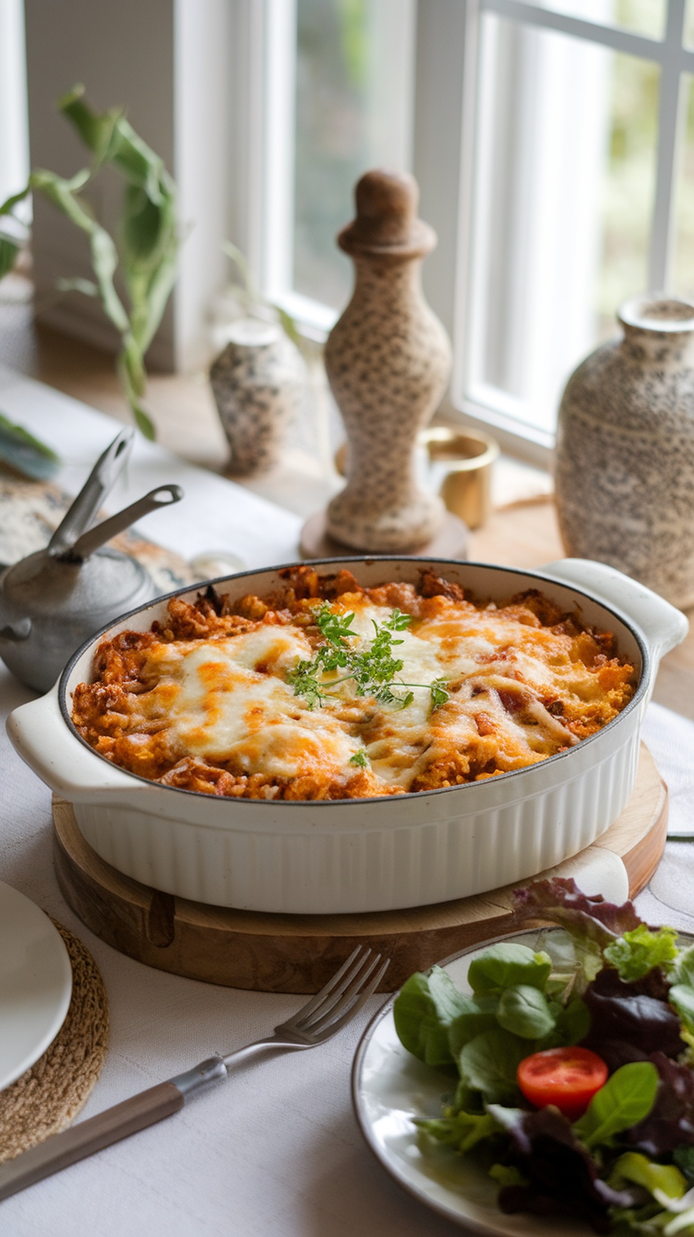 A delicious Beef and Cauliflower Rice Casserole topped with melted cheese, served with a fresh salad on the side.
