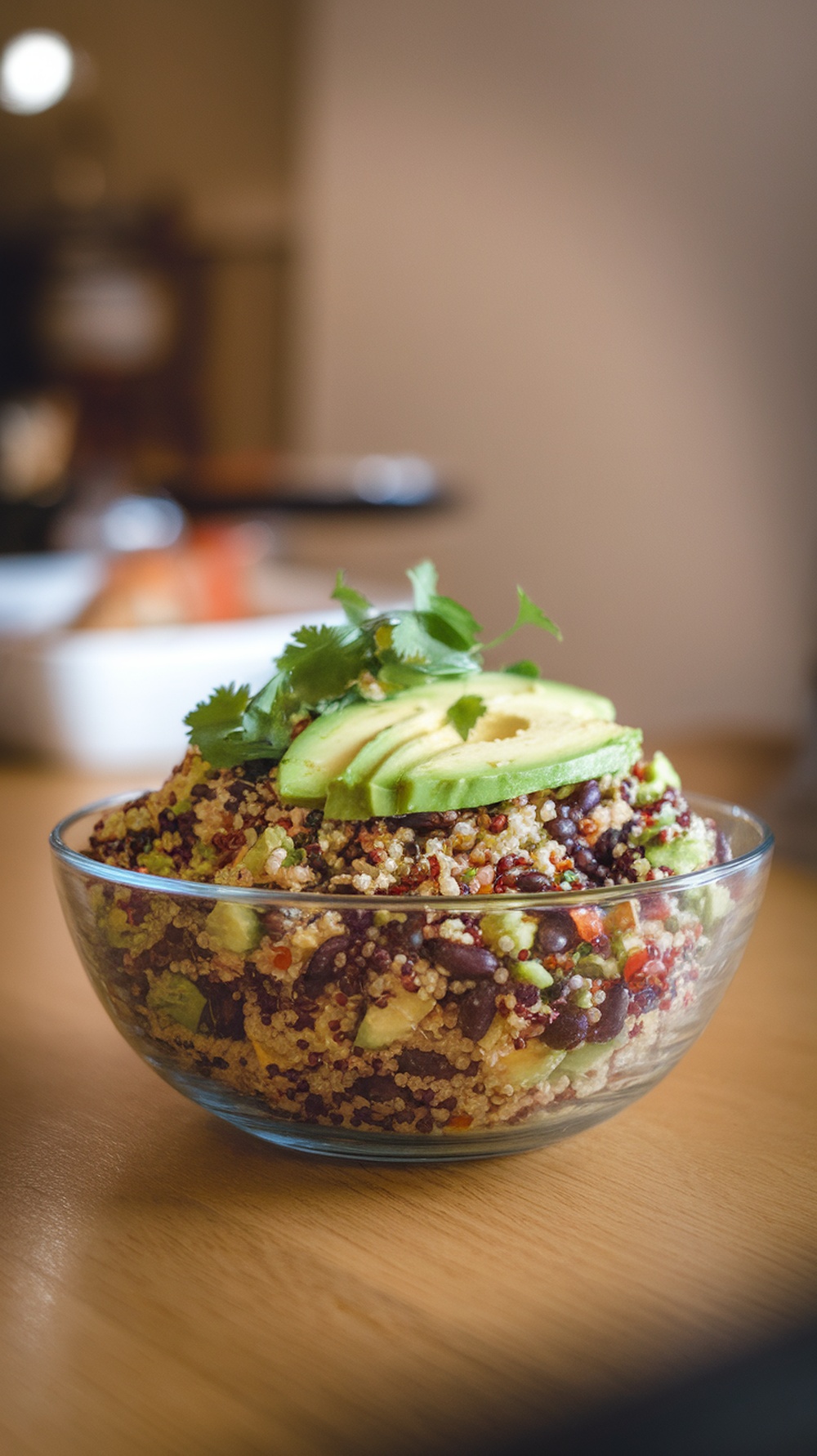A bowl of quinoa and black bean salad topped with avocado and cilantro.