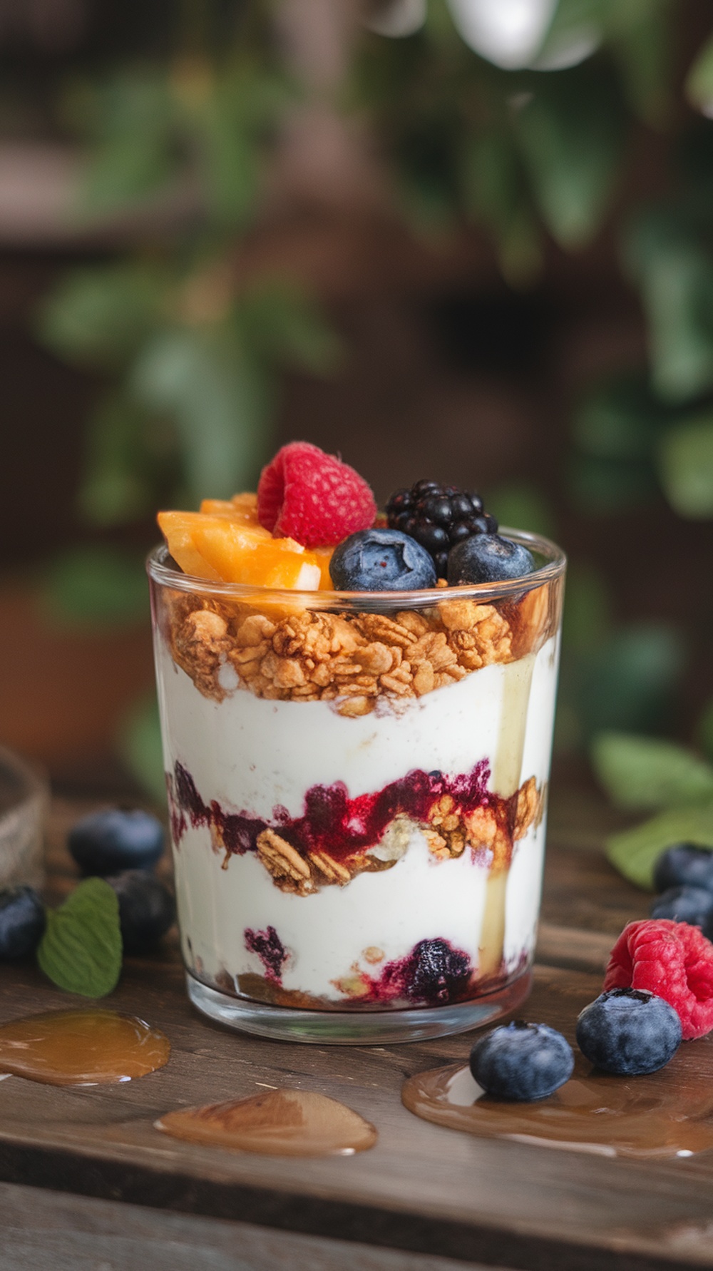 A delicious yogurt parfait with granola and mixed berries in a glass.
