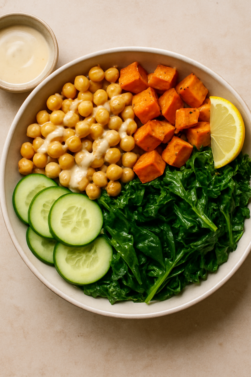 A colorful chickpea and sweet potato Buddha bowl with greens, cucumber, and dressing.