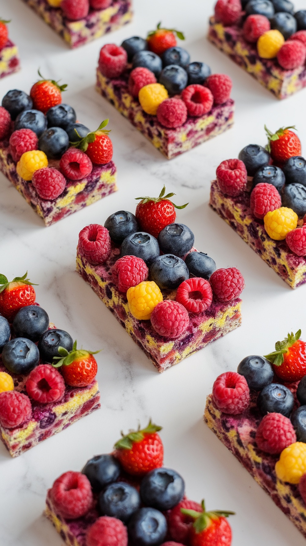 Colorful berry protein bars topped with fresh berries