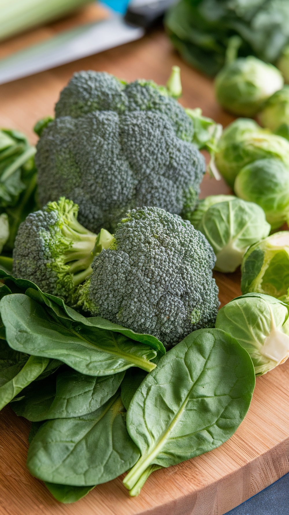 A variety of protein-rich vegetables including broccoli, spinach, and Brussels sprouts on a wooden cutting board.