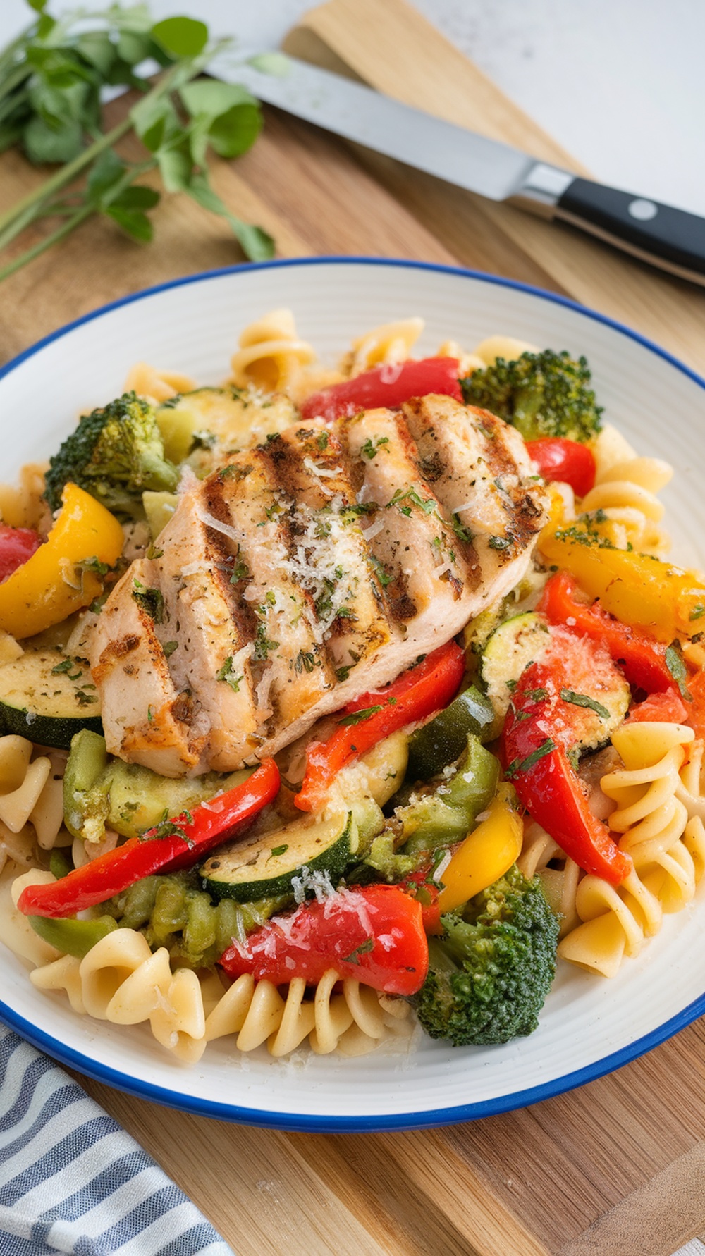 A plate of Pasta Primavera with Grilled Chicken, featuring colorful vegetables and rotini pasta.