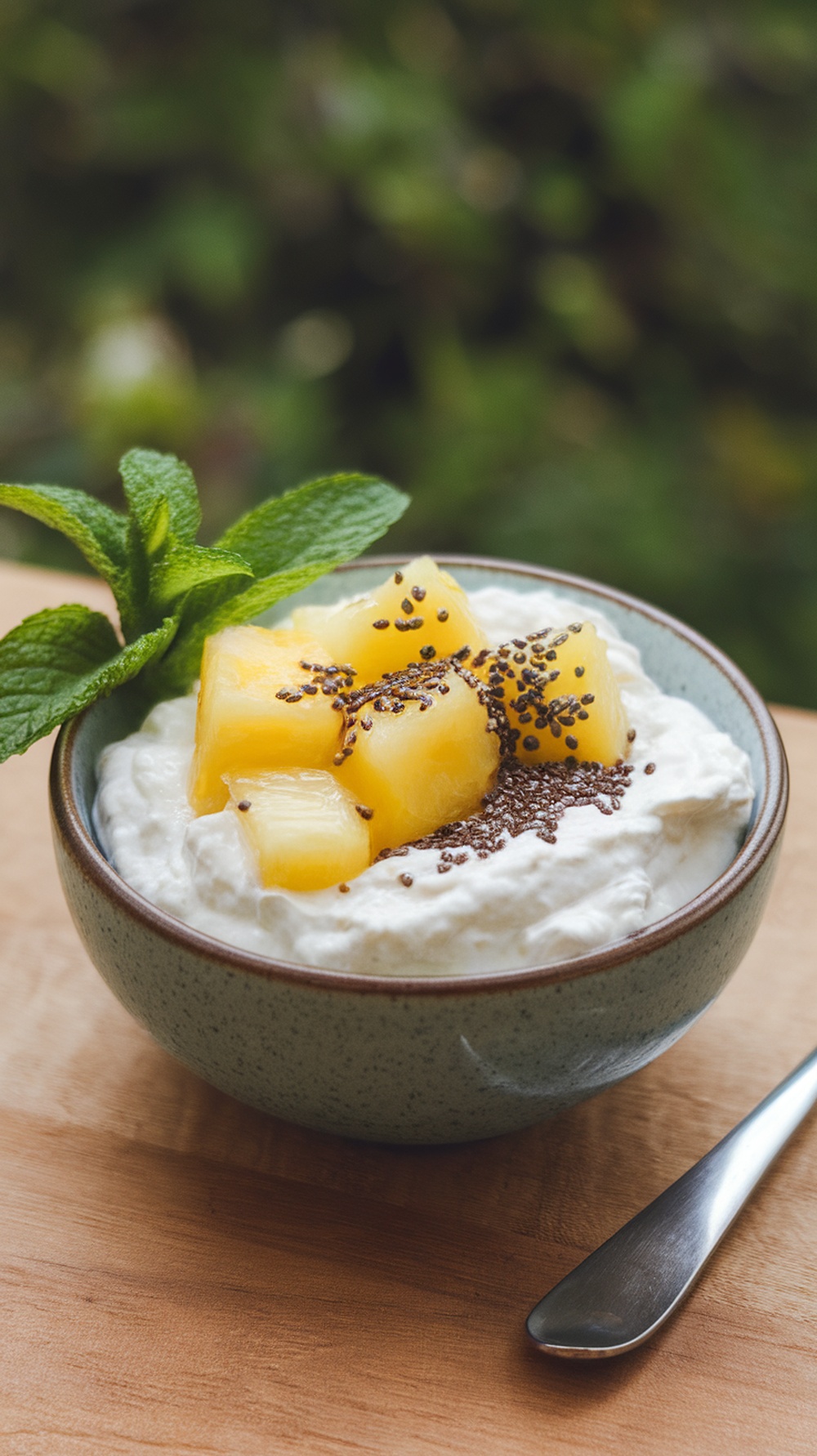 A bowl of cottage cheese topped with pineapple chunks and chia seeds, garnished with a mint leaf.