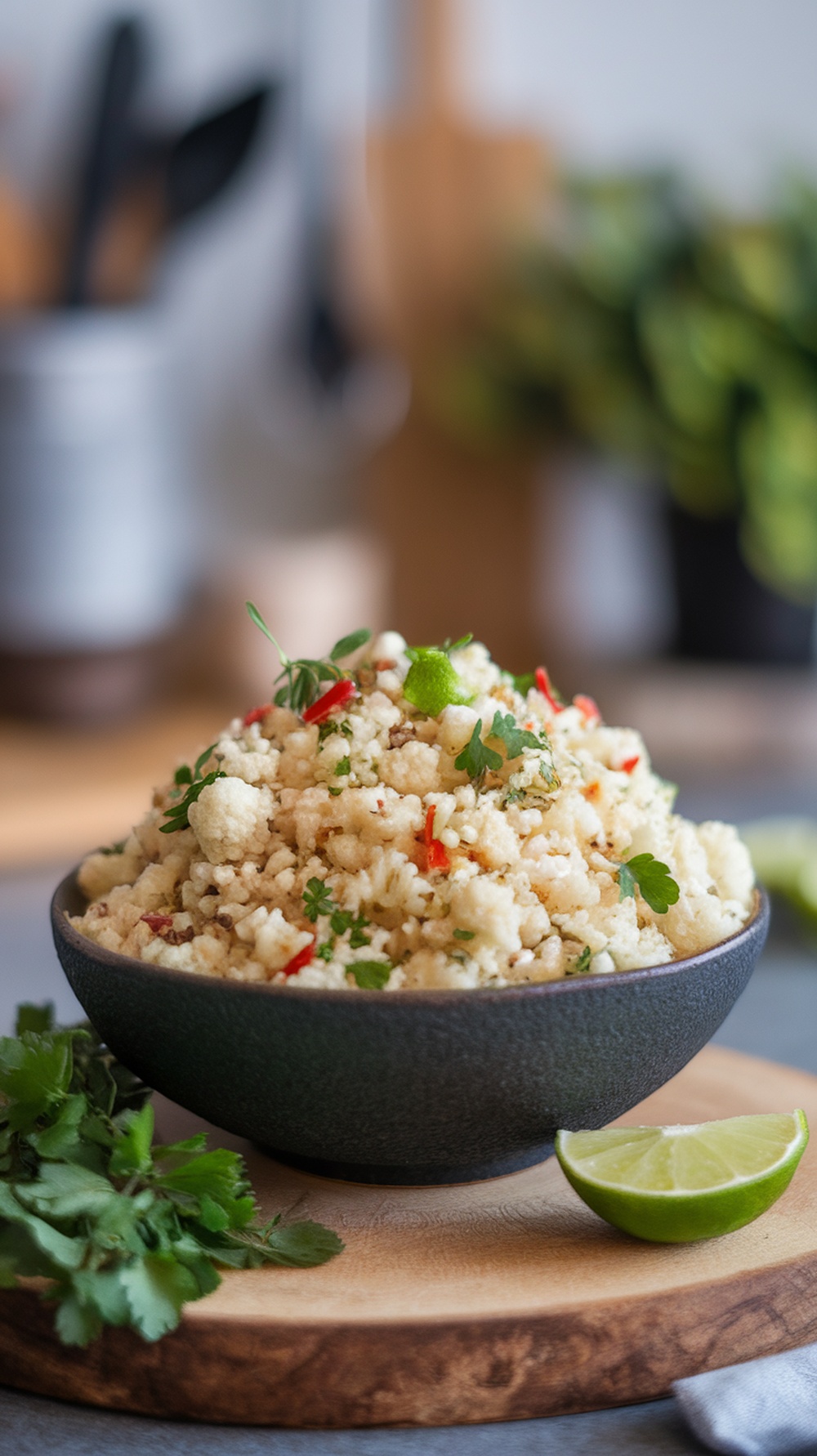 A bowl of cauliflower rice garnished with herbs and lime on a wooden board.