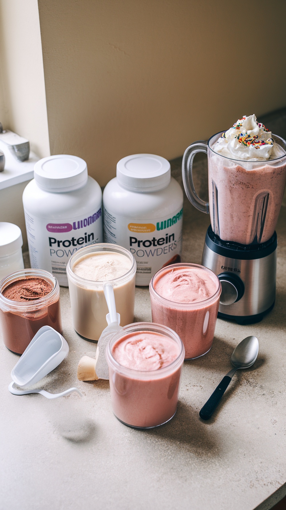 Various protein powders and a smoothie in a blender