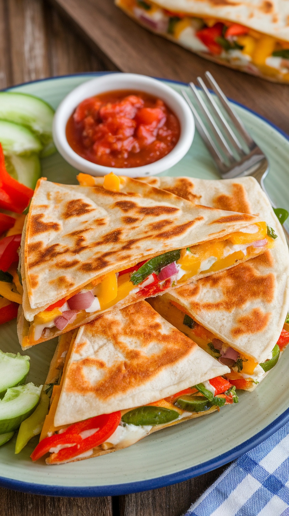 Cheesy veggie quesadillas served with salsa and fresh vegetables