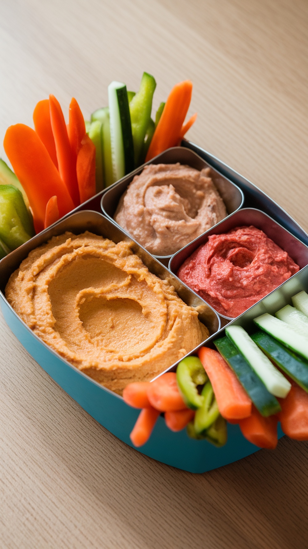 A bento box filled with colorful vegetable sticks and three types of dips.