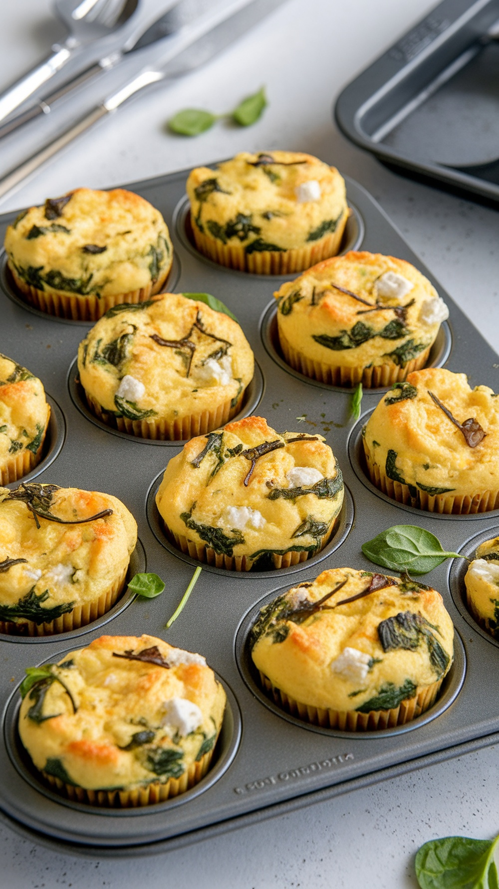 A tray of freshly baked egg muffins with spinach and feta in a muffin tin.