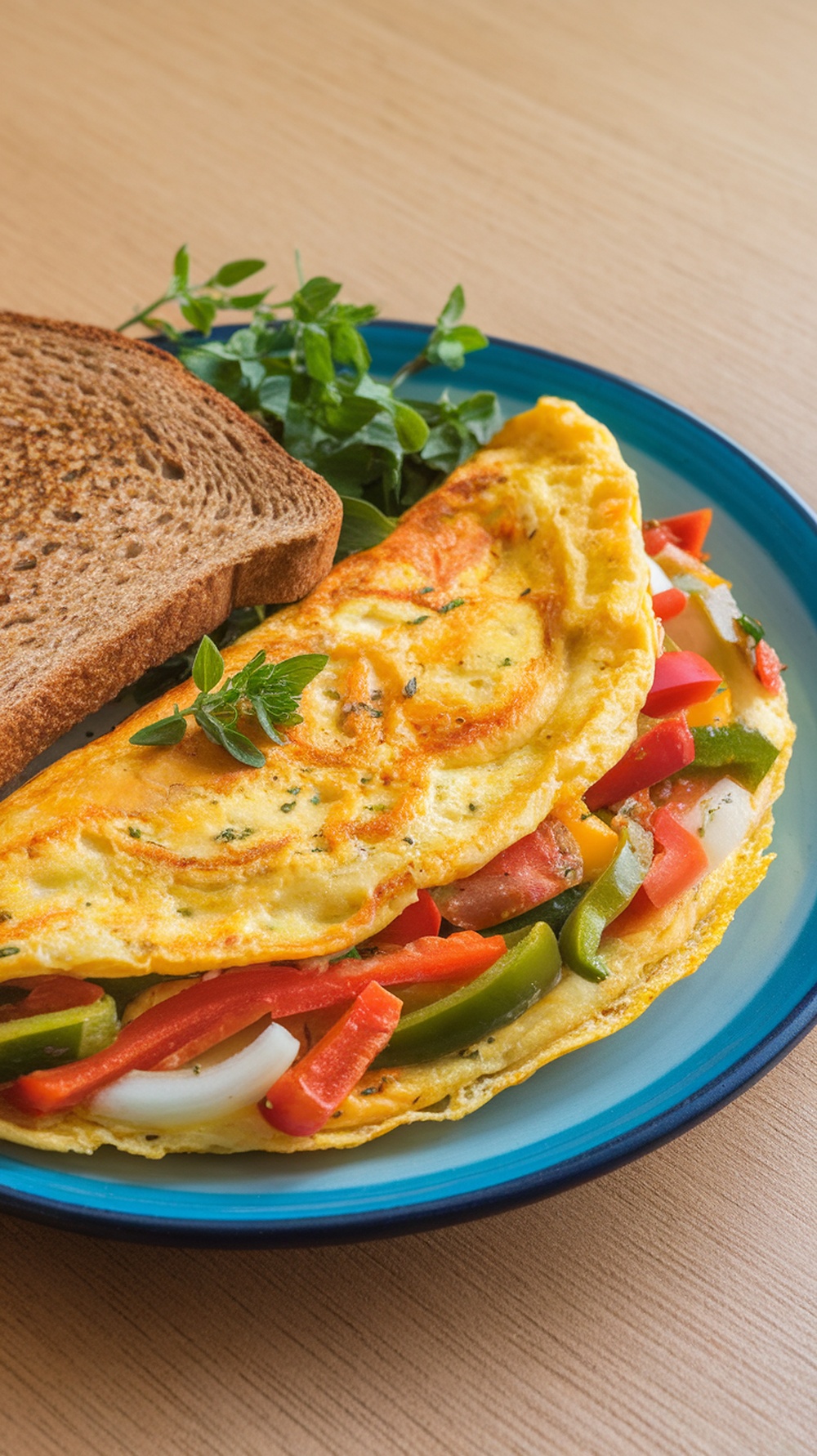 A delicious veggie omelette served with whole grain toast.