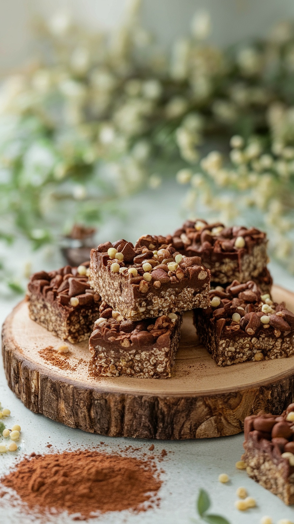 Cocoa and Quinoa Crunch Bars on a wooden board with a sprinkle of cocoa powder.