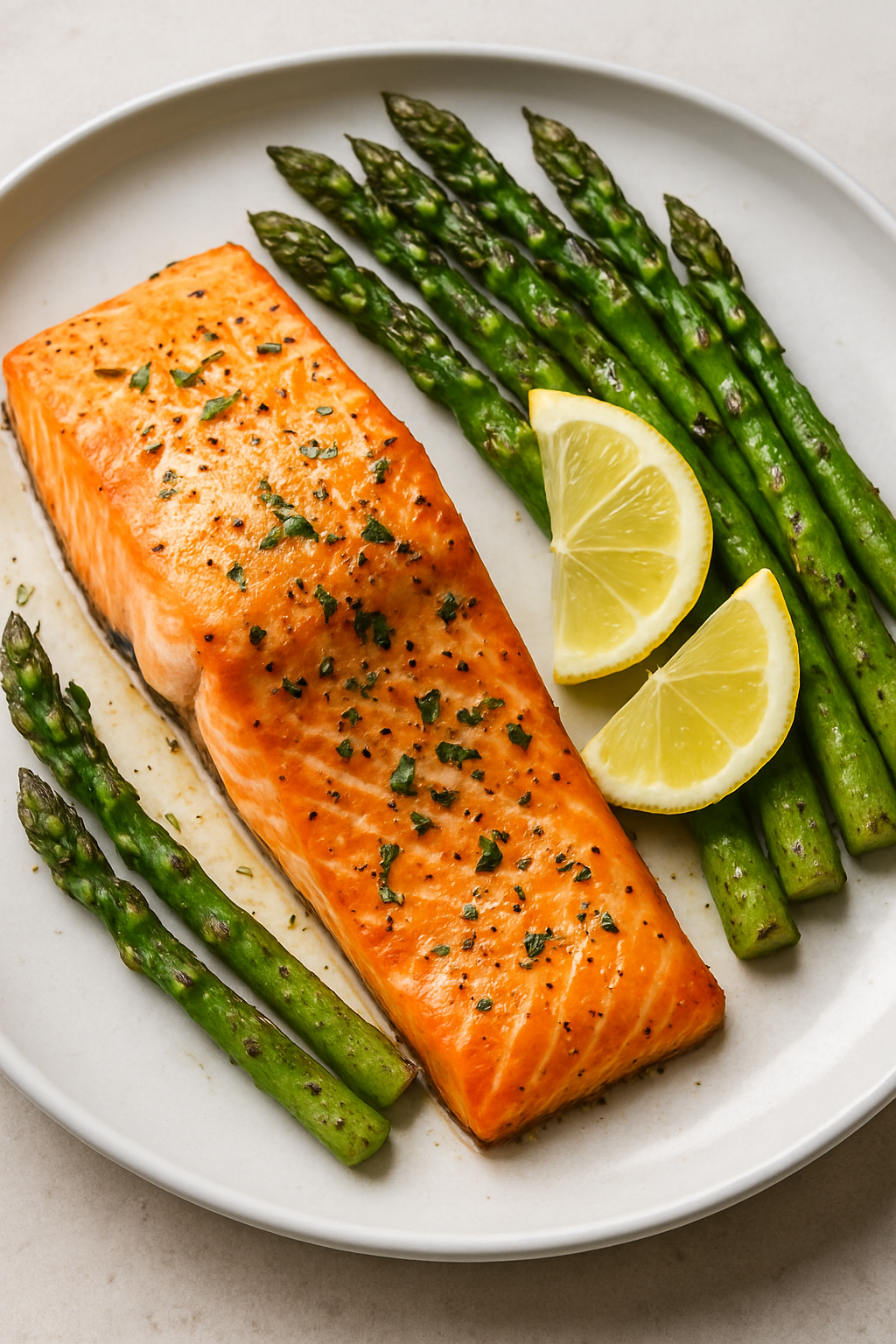 Baked salmon fillet with asparagus and lemon slices on a plate