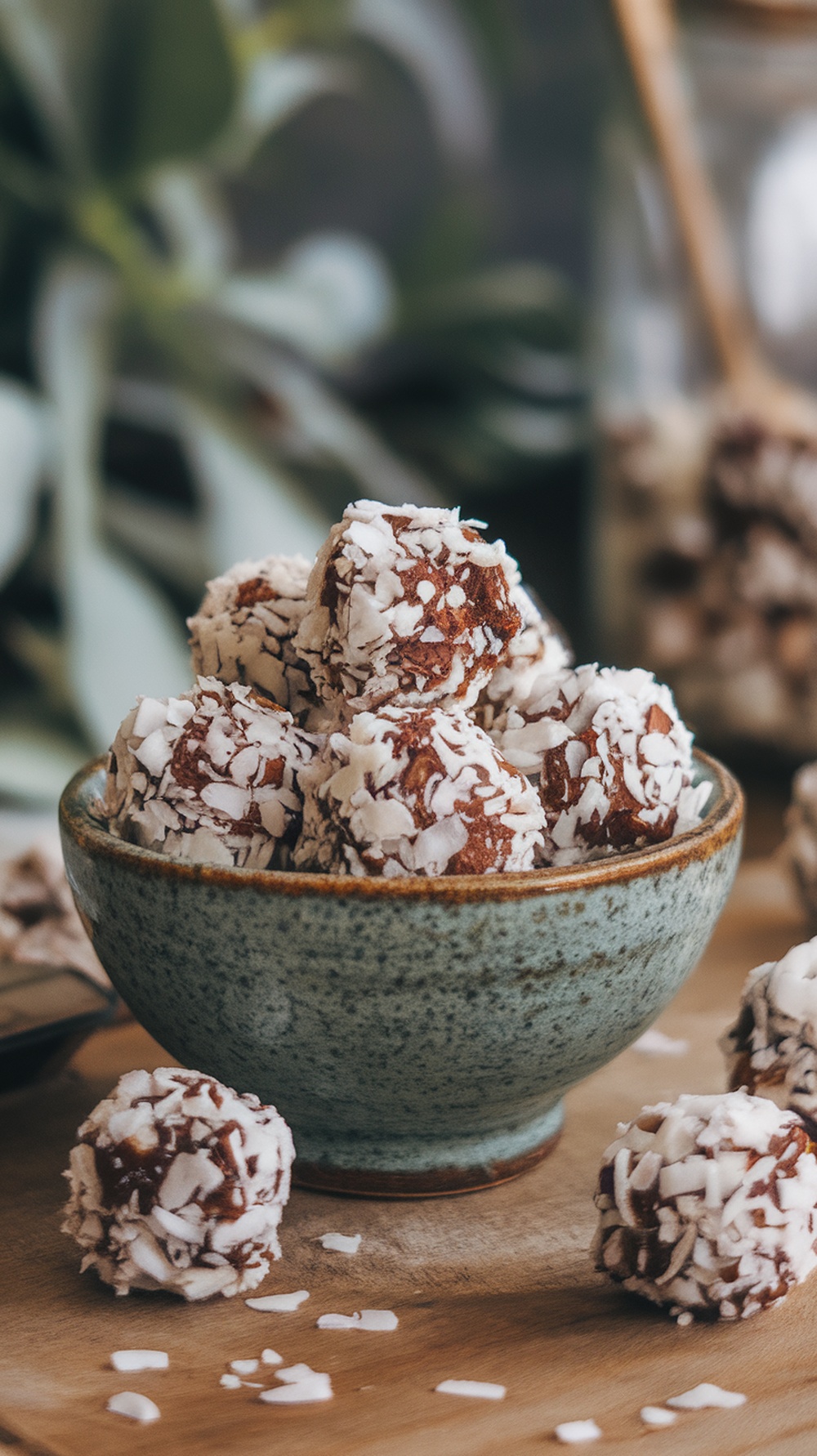 A bowl filled with Almond Joy Protein Bites, coated in shredded coconut, surrounded by more bites on a wooden surface.