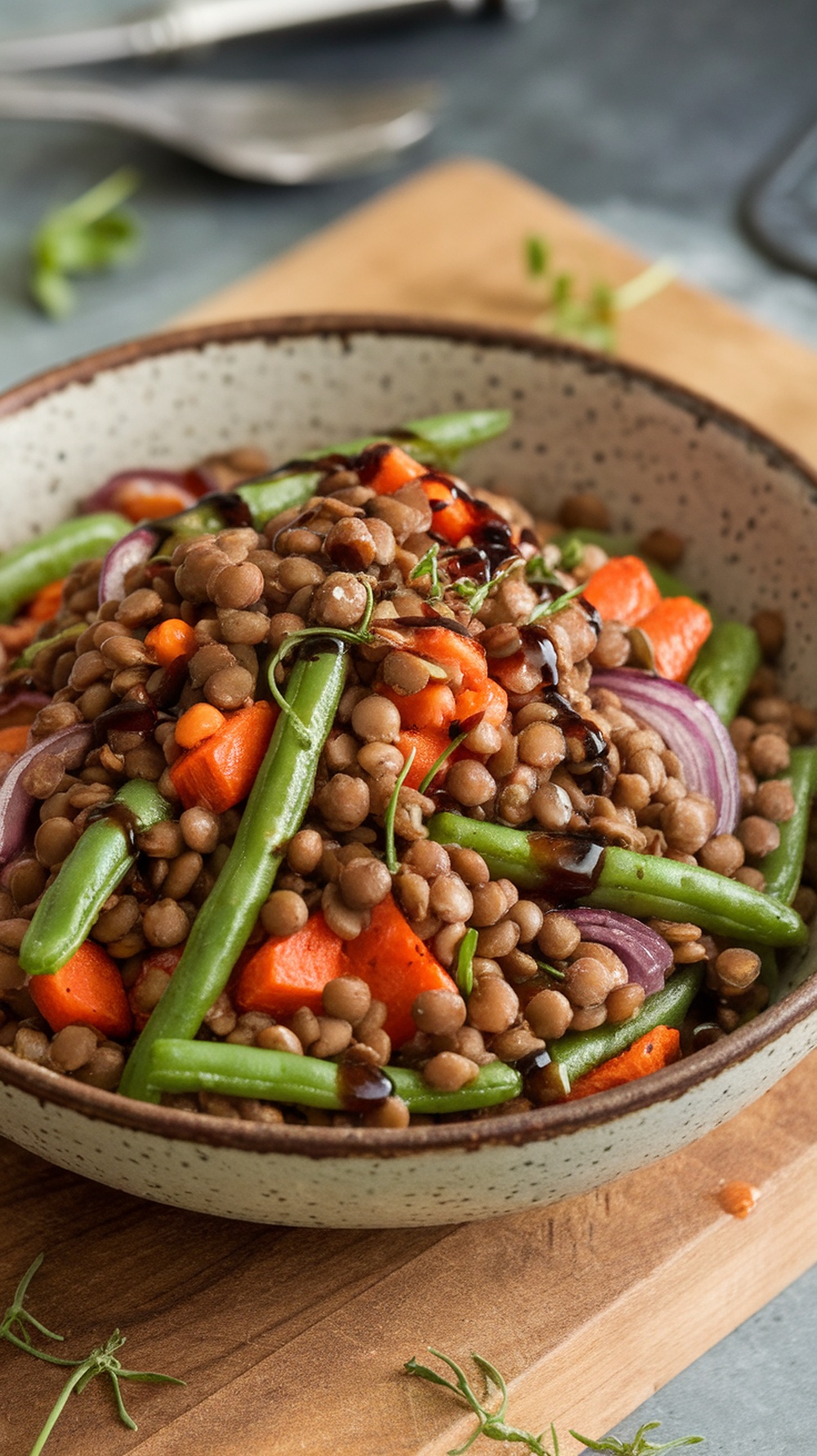 A bowl of lentil and roasted vegetable salad with vibrant colors and textures.