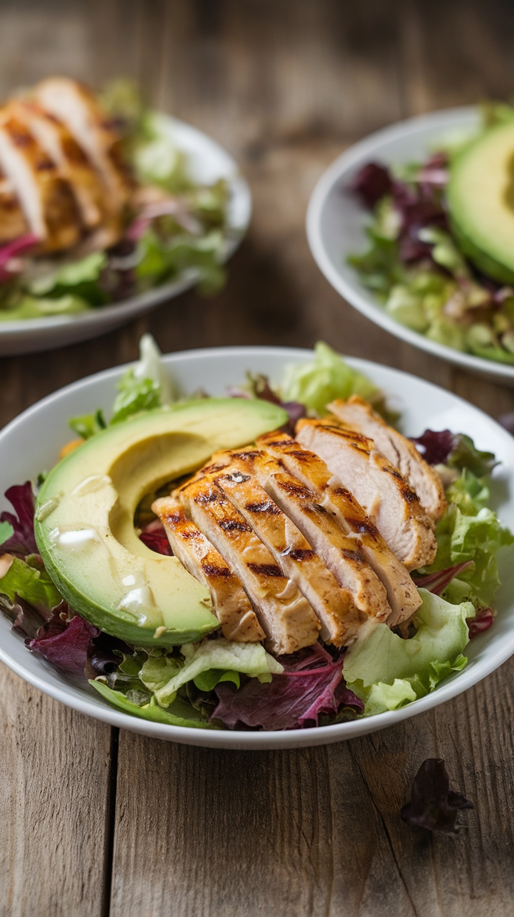 A delicious grilled chicken and avocado salad served in a white bowl, featuring sliced grilled chicken, avocado, and mixed greens.