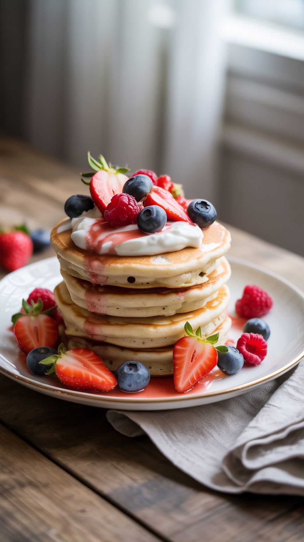 Stack of protein-packed pancakes topped with Greek yogurt and fresh berries