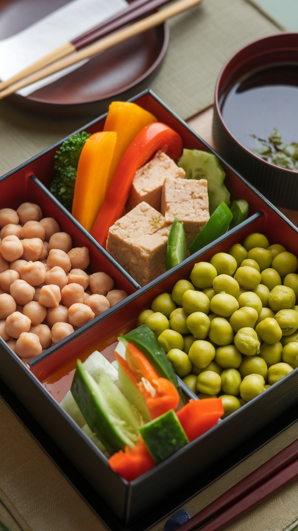 A colorful bento box filled with chickpeas, tofu, edamame, bell peppers, cucumber, and peas.