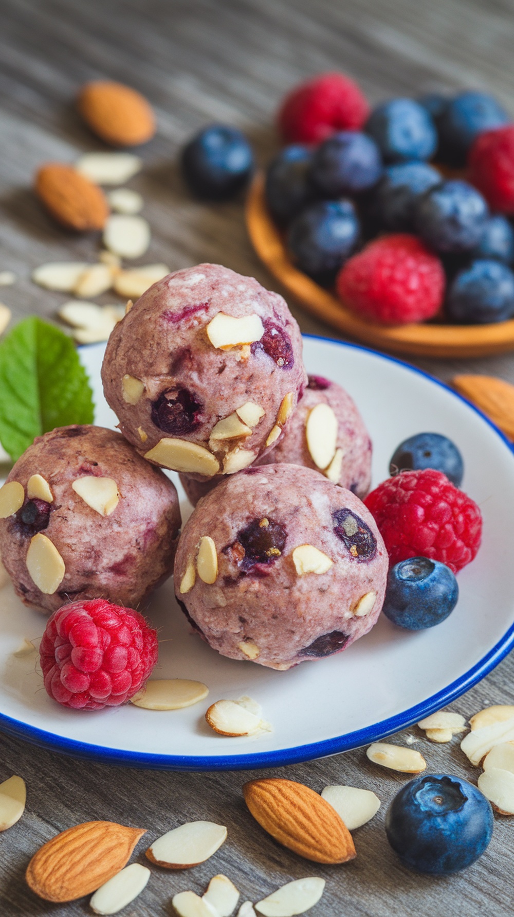 Berry almond protein balls on a plate with fresh berries and almonds