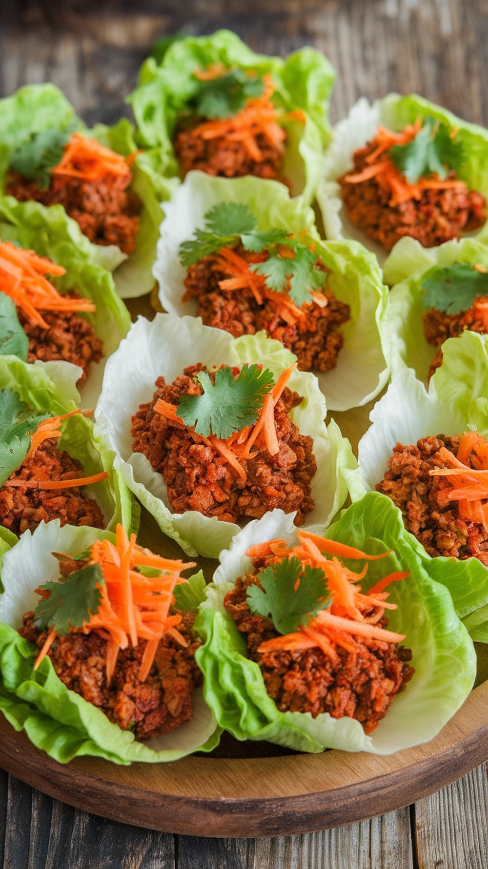 Spicy beef lettuce wraps with ground beef, shredded carrots, and cilantro in lettuce leaves.