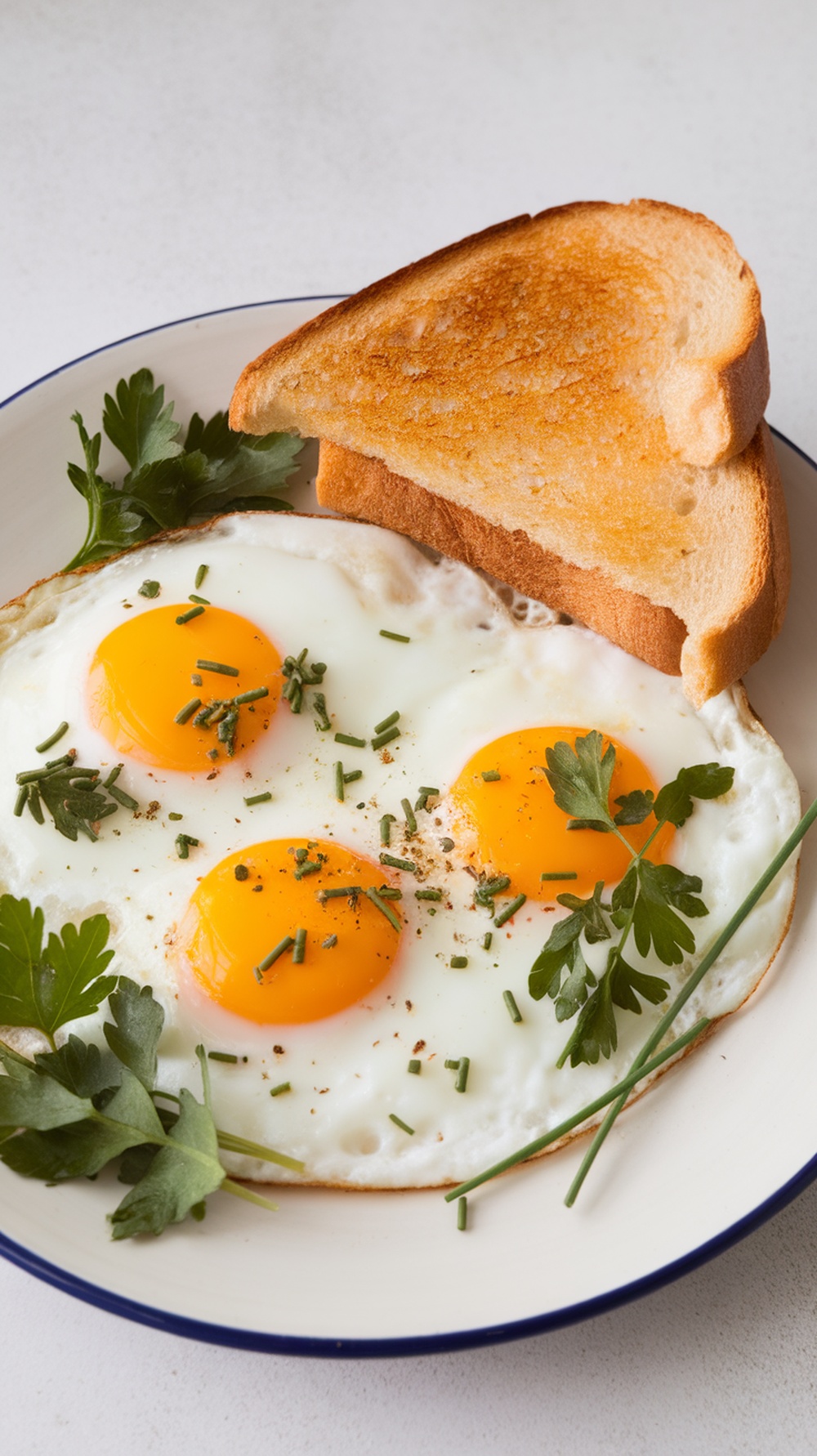 A plate with three sunny-side-up eggs garnished with herbs and two slices of toast.