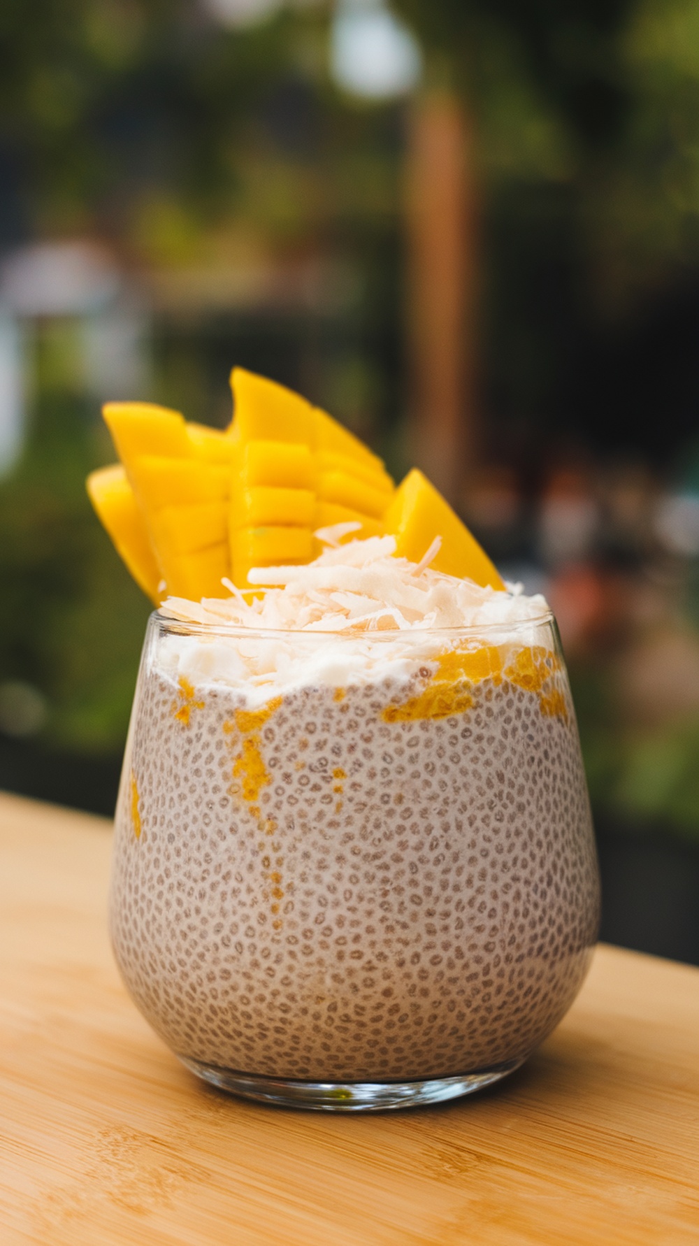 A glass of chia seed pudding topped with mango and coconut.