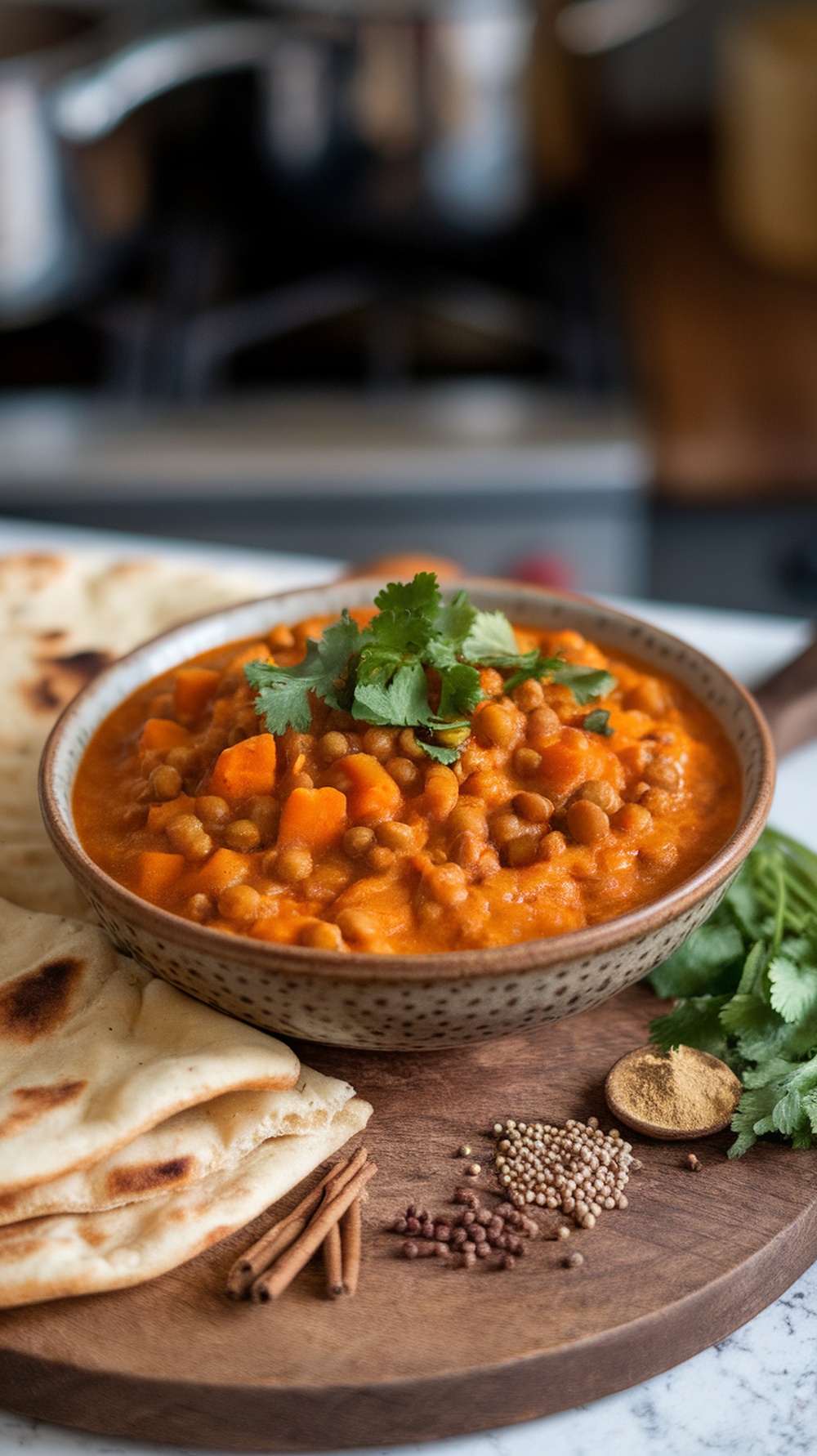 A bowl of lentil and sweet potato curry garnished with cilantro, served with naan and spices on a wooden board.