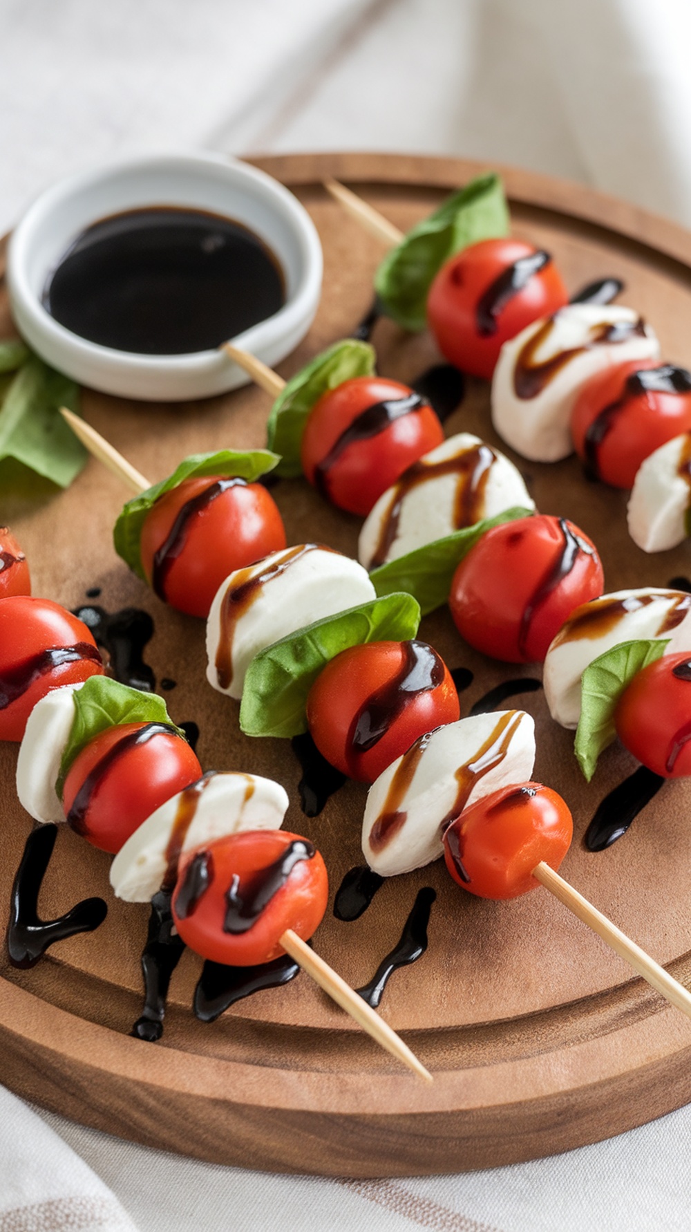 Mini Caprese skewers with cherry tomatoes, mozzarella, and basil drizzled with balsamic glaze on a wooden platter.